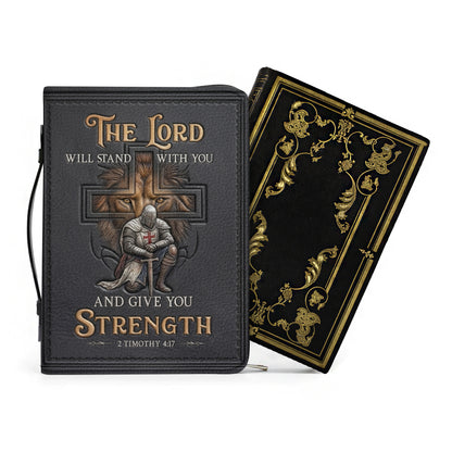 CHRISTIANARTBAG Personalized Leather Bible Cover for Men - Divine Lion & Knight 2 Timothy 4:17 Custom Name Bible Case