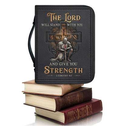 CHRISTIANARTBAG Personalized Leather Bible Cover for Men - Divine Lion & Knight 2 Timothy 4:17 Custom Name Bible Case