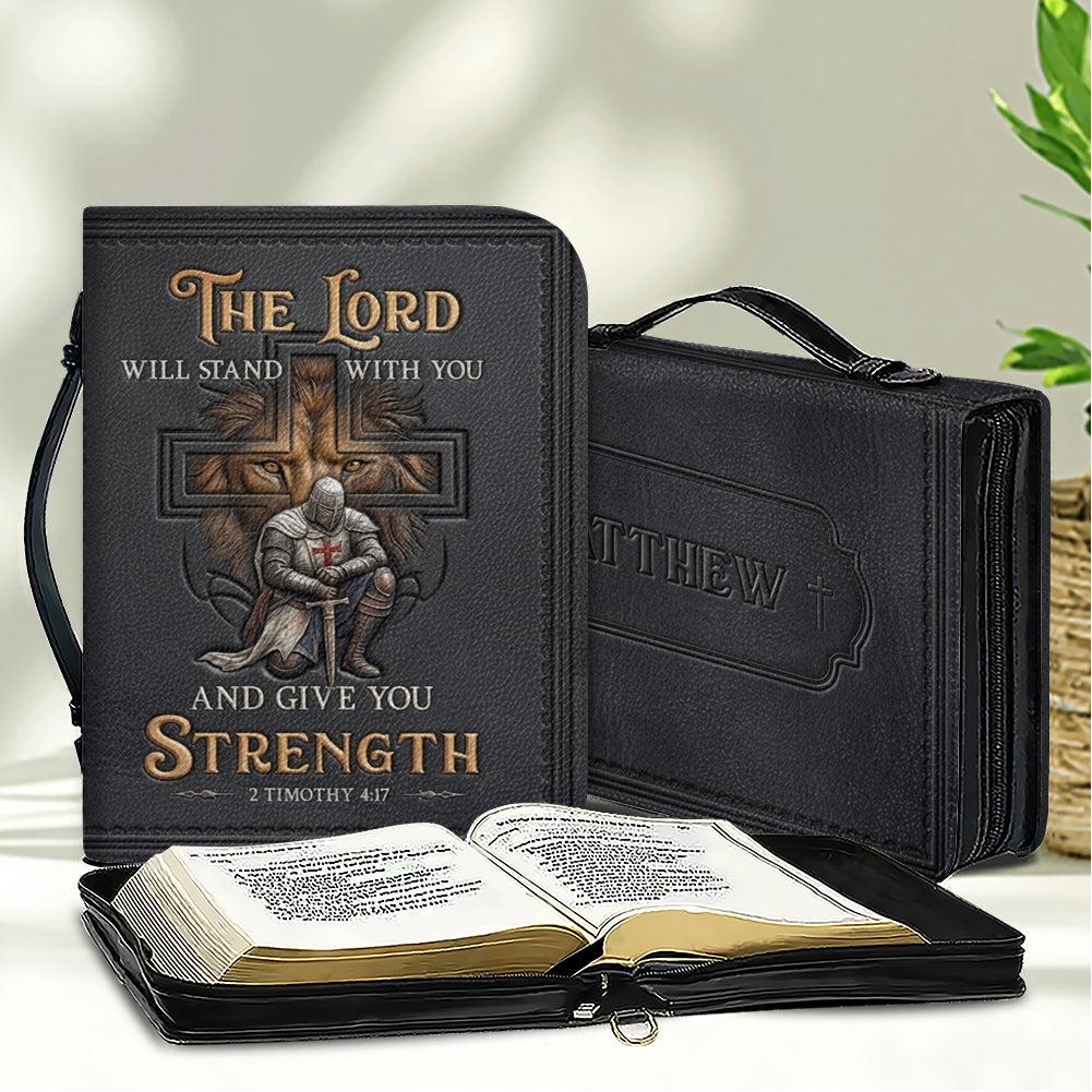 CHRISTIANARTBAG Personalized Leather Bible Cover for Men - Divine Lion & Knight 2 Timothy 4:17 Custom Name Bible Case