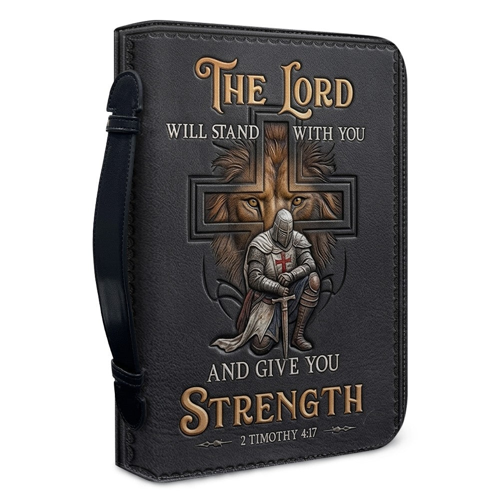 CHRISTIANARTBAG Personalized Leather Bible Cover for Men - Divine Lion & Knight 2 Timothy 4:17 Custom Name Bible Case