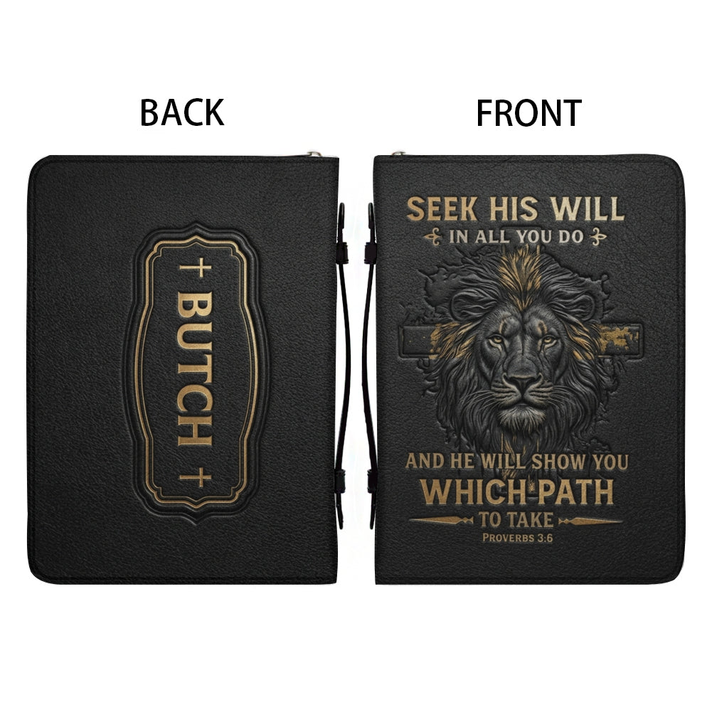 CHRISTIANARTBAG Personalized Bible Cover for Men - Lion of Judah Proverbs 3:6 Leather Bible Case