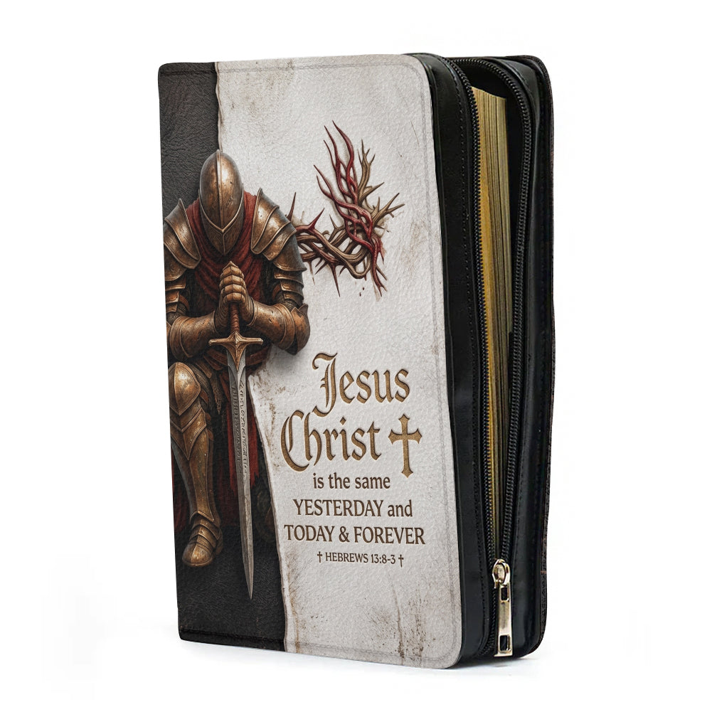 Personalized Bible Cover for Men - Kneeling Knight & Sword Hebrews 13:8 - Custom Name Leather Bible Case with Handle by CHRISTIANARTBAG