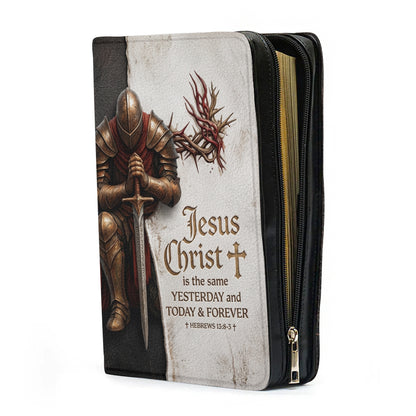 Personalized Bible Cover for Men - Kneeling Knight & Sword Hebrews 13:8 - Custom Name Leather Bible Case with Handle by CHRISTIANARTBAG