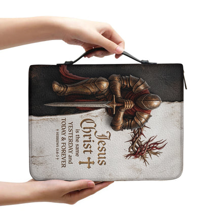 Personalized Bible Cover for Men - Kneeling Knight & Sword Hebrews 13:8 - Custom Name Leather Bible Case with Handle by CHRISTIANARTBAG