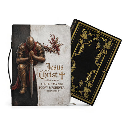 Personalized Bible Cover for Men - Kneeling Knight & Sword Hebrews 13:8 - Custom Name Leather Bible Case with Handle by CHRISTIANARTBAG