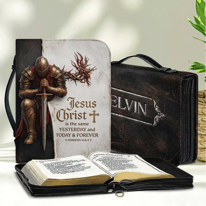 Personalized Bible Cover for Men - Kneeling Knight & Sword Hebrews 13:8 - Custom Name Leather Bible Case with Handle by CHRISTIANARTBAG
