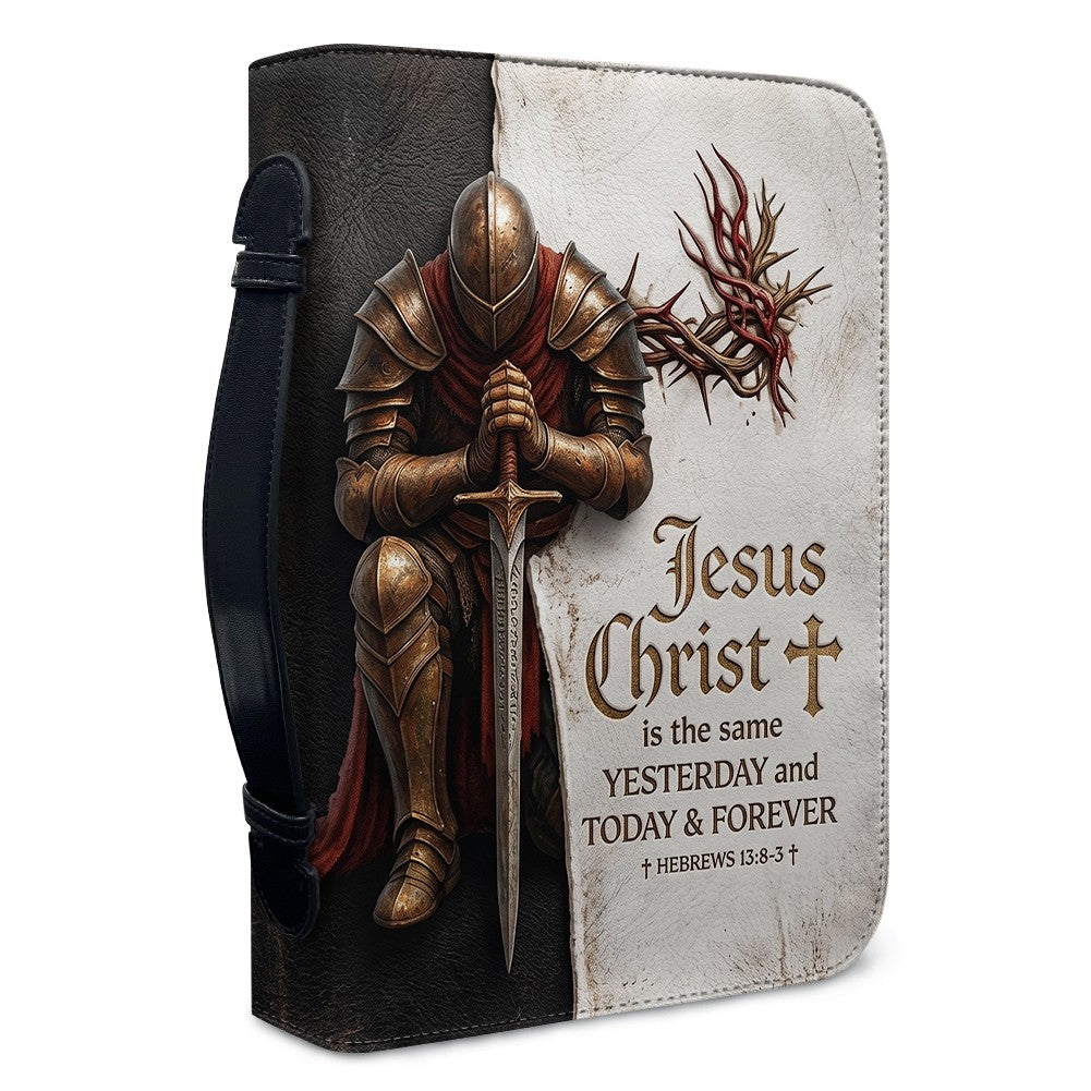 Personalized Bible Cover for Men - Kneeling Knight & Sword Hebrews 13:8 - Custom Name Leather Bible Case with Handle by CHRISTIANARTBAG