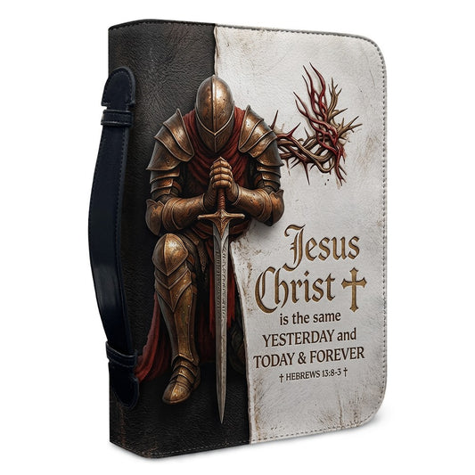 Personalized Bible Cover for Men - Kneeling Knight & Sword Hebrews 13:8 - Custom Name Leather Bible Case with Handle by CHRISTIANARTBAG
