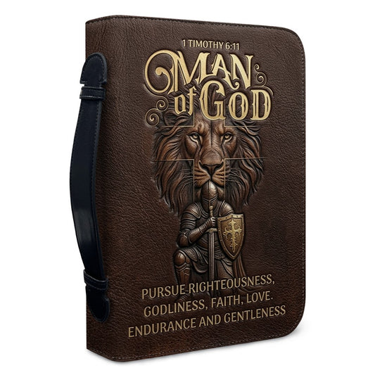 Personalized Bible Cover For Men - Man Of God 1 Timothy 6:11 Lion Warrior Custom Leather Bible Carrying Case With Handle | CHRISTIANARTBAG
