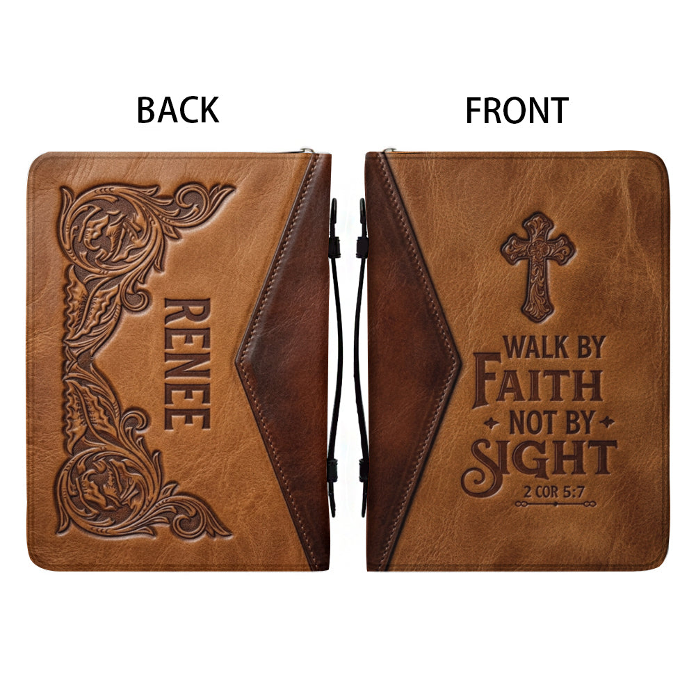 Personalized Leather Bible Cover with Handle, Walk By Faith Not By Sight Custom Name Bible Carrying Case | CHRISTIANARTBAG