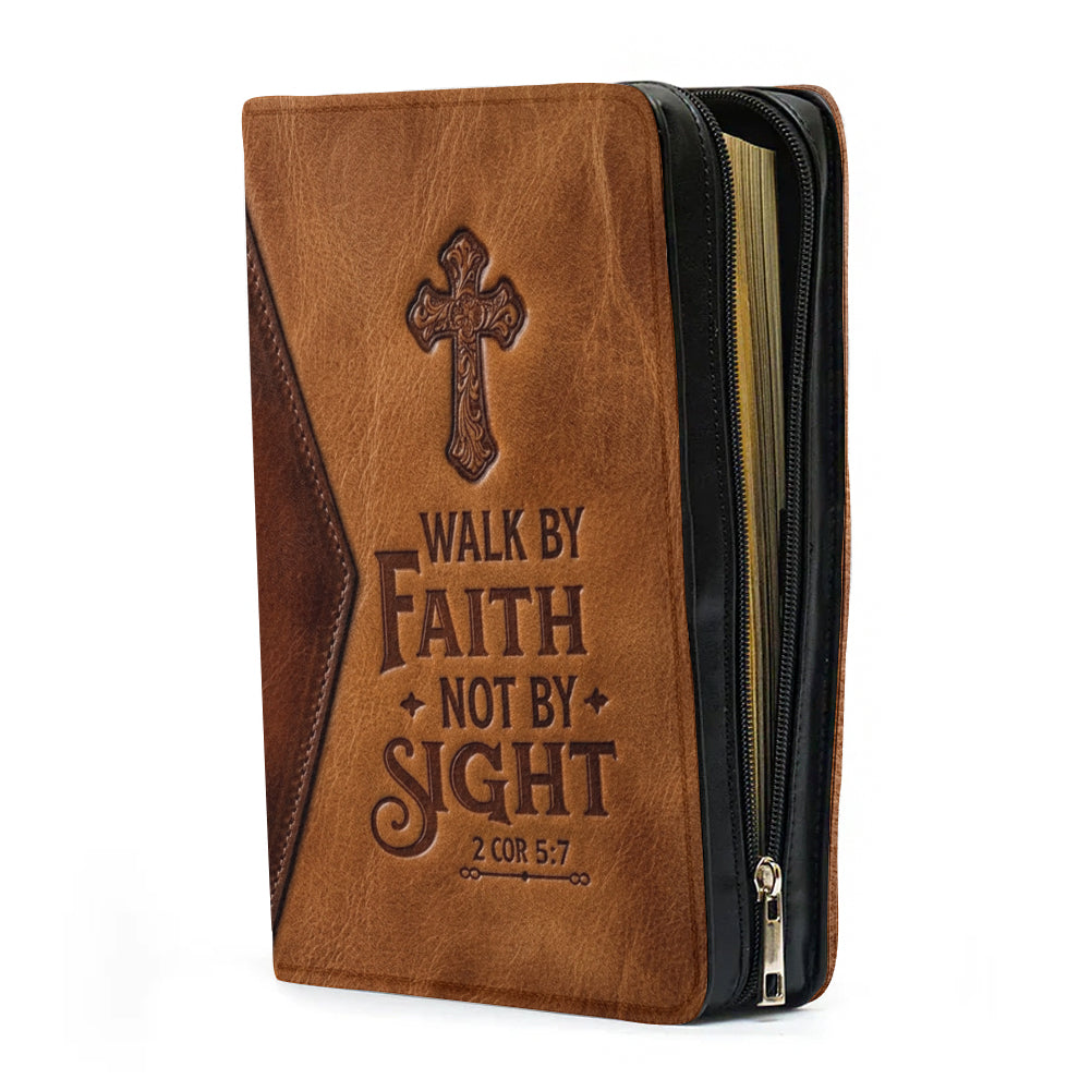 Personalized Leather Bible Cover with Handle, Walk By Faith Not By Sight Custom Name Bible Carrying Case | CHRISTIANARTBAG