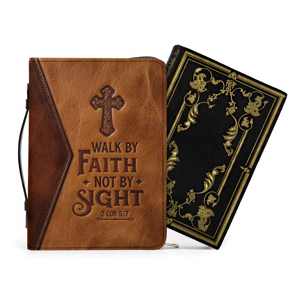 Personalized Leather Bible Cover with Handle, Walk By Faith Not By Sight Custom Name Bible Carrying Case | CHRISTIANARTBAG