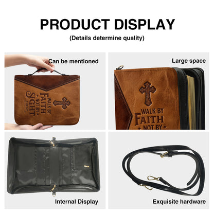 Personalized Leather Bible Cover with Handle, Walk By Faith Not By Sight Custom Name Bible Carrying Case | CHRISTIANARTBAG