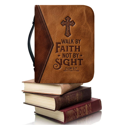 Personalized Leather Bible Cover with Handle, Walk By Faith Not By Sight Custom Name Bible Carrying Case | CHRISTIANARTBAG