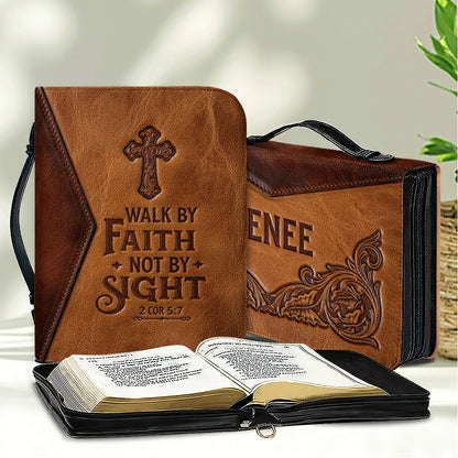 Personalized Leather Bible Cover with Handle, Walk By Faith Not By Sight Custom Name Bible Carrying Case | CHRISTIANARTBAG