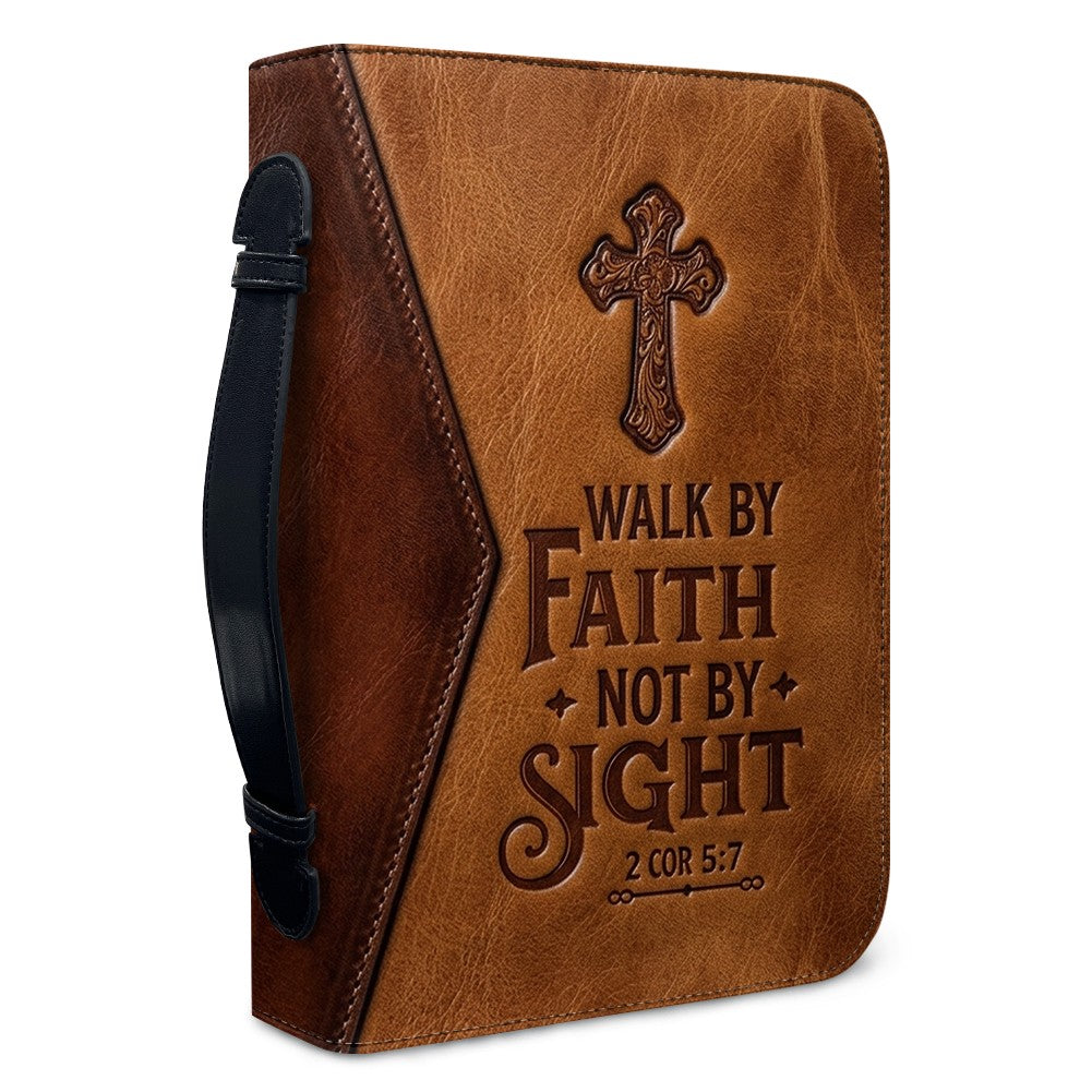 Personalized Leather Bible Cover with Handle, Walk By Faith Not By Sight Custom Name Bible Carrying Case | CHRISTIANARTBAG