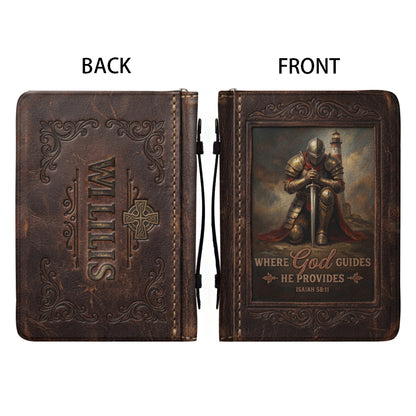 Personalized Bible Cover for Men - Where God Guides He Provides Isaiah 58:11 Custom Name Leather Bible Case with Handle | CHRISTIANARTBAG