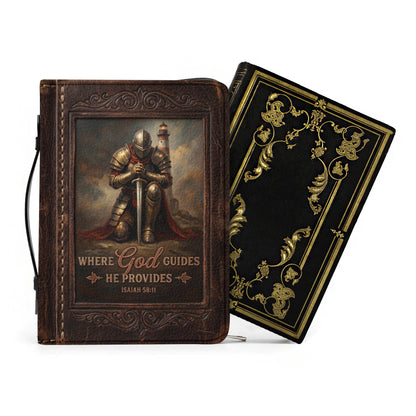 Personalized Bible Cover for Men - Where God Guides He Provides Isaiah 58:11 Custom Name Leather Bible Case with Handle | CHRISTIANARTBAG