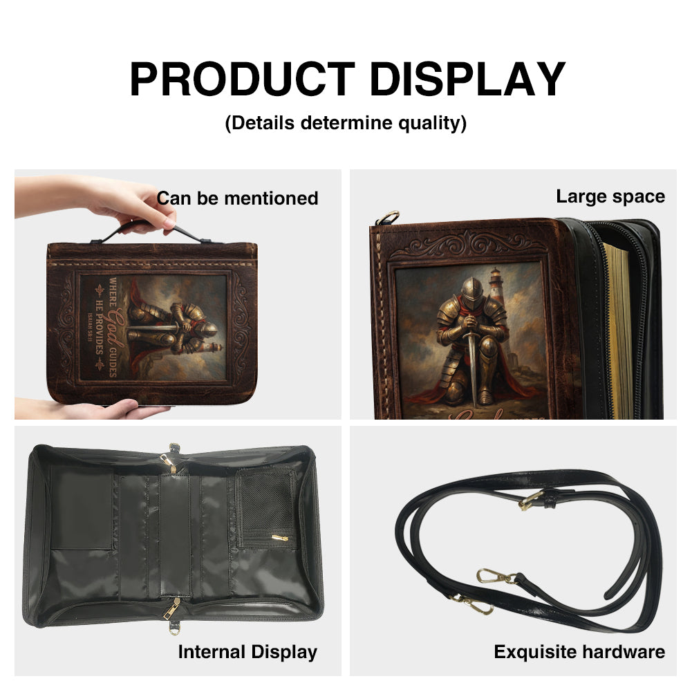 Personalized Bible Cover for Men - Where God Guides He Provides Isaiah 58:11 Custom Name Leather Bible Case with Handle | CHRISTIANARTBAG