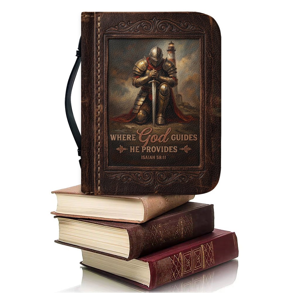 Personalized Bible Cover for Men - Where God Guides He Provides Isaiah 58:11 Custom Name Leather Bible Case with Handle | CHRISTIANARTBAG