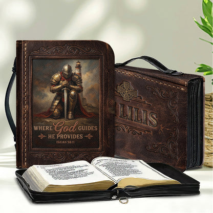 Personalized Bible Cover for Men - Where God Guides He Provides Isaiah 58:11 Custom Name Leather Bible Case with Handle | CHRISTIANARTBAG