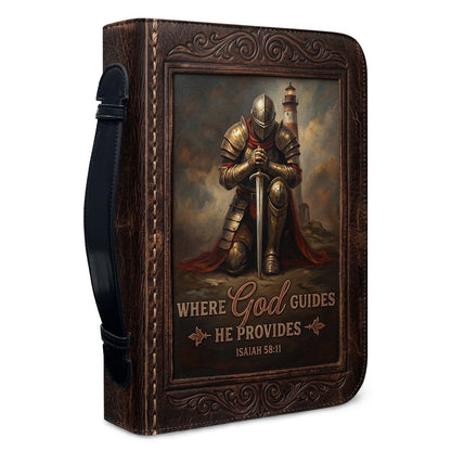 Personalized Bible Cover for Men - Where God Guides He Provides Isaiah 58:11 Custom Name Leather Bible Case with Handle | CHRISTIANARTBAG