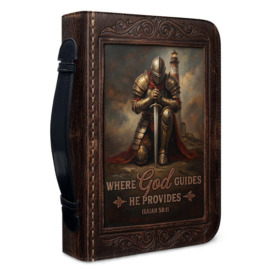 Personalized Bible Cover for Men - Where God Guides He Provides Isaiah 58:11 Custom Name Leather Bible Case with Handle | CHRISTIANARTBAG