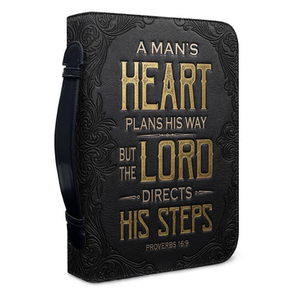 Personalized Bible Cover for Men - Proverbs 16:9 Custom Name Leather Bible Case with Handle | CHRISTIANARTBAG