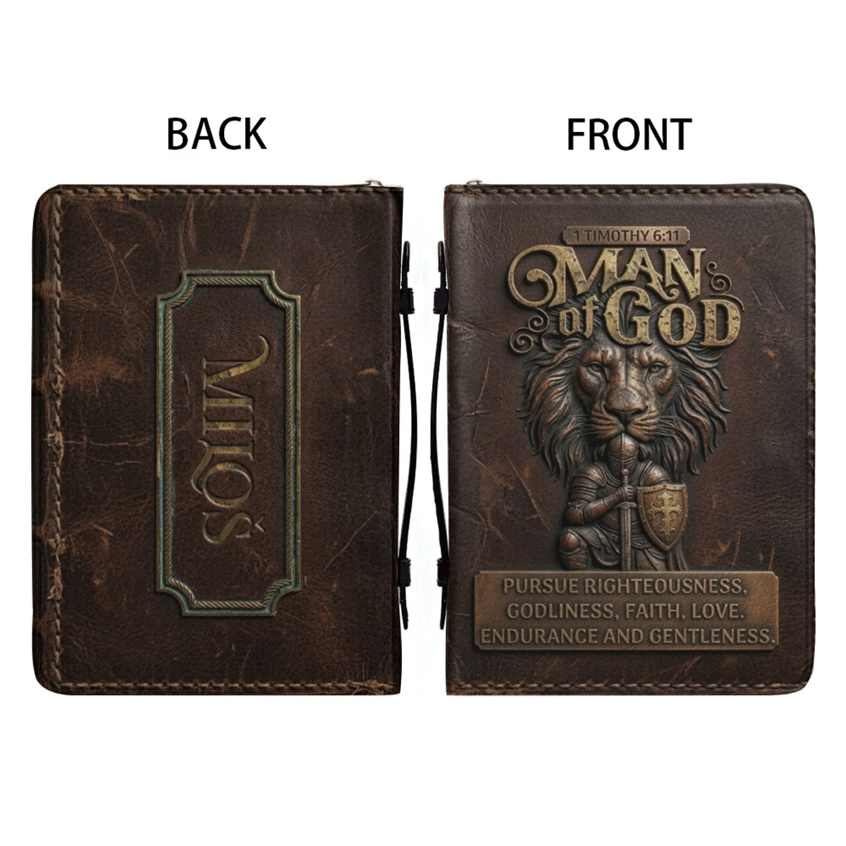 Personalized Bible Cover for Men - Man of God 1 Timothy 6:11 Lion Warrior Custom Leather Carrying Case with Handle & Strap - CHRISTIANARTBAG