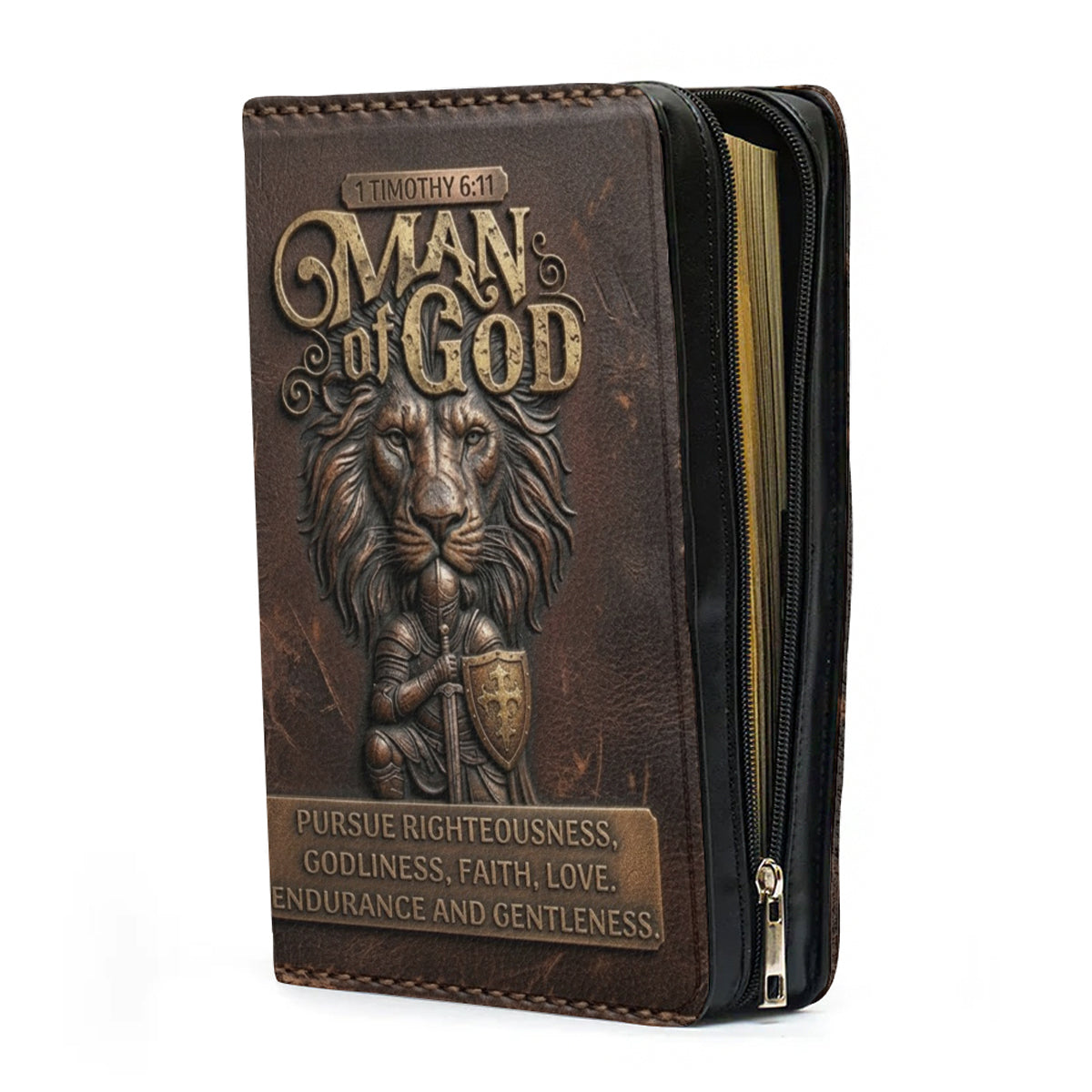 Personalized Bible Cover for Men - Man of God 1 Timothy 6:11 Lion Warrior Custom Leather Carrying Case with Handle & Strap - CHRISTIANARTBAG