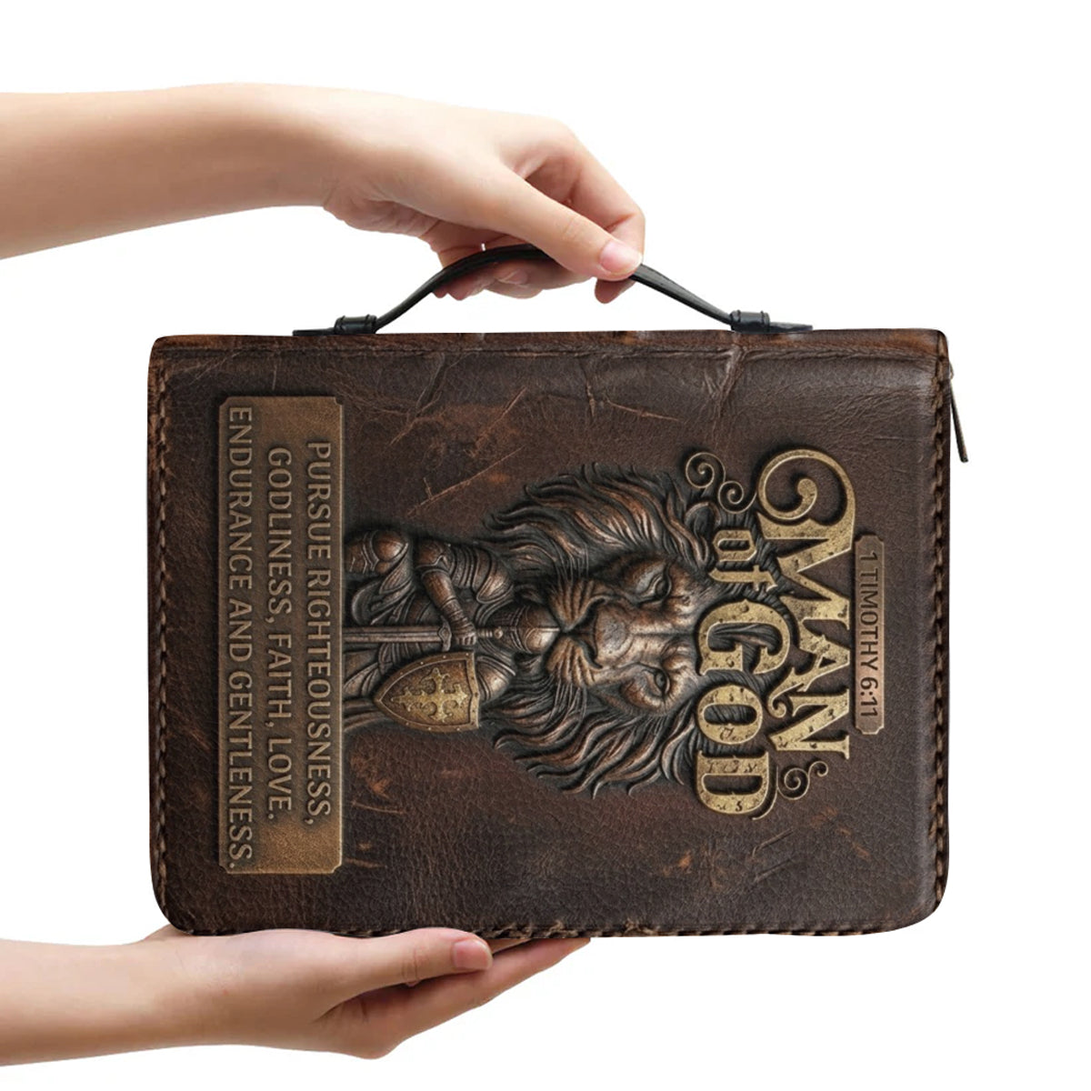 Personalized Bible Cover for Men - Man of God 1 Timothy 6:11 Lion Warrior Custom Leather Carrying Case with Handle & Strap - CHRISTIANARTBAG