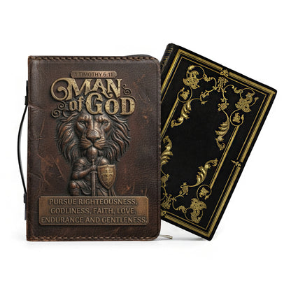 Personalized Bible Cover for Men - Man of God 1 Timothy 6:11 Lion Warrior Custom Leather Carrying Case with Handle & Strap - CHRISTIANARTBAG