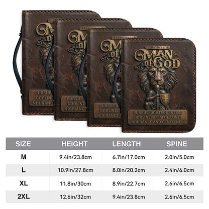 Personalized Bible Cover for Men - Man of God 1 Timothy 6:11 Lion Warrior Custom Leather Carrying Case with Handle & Strap - CHRISTIANARTBAG