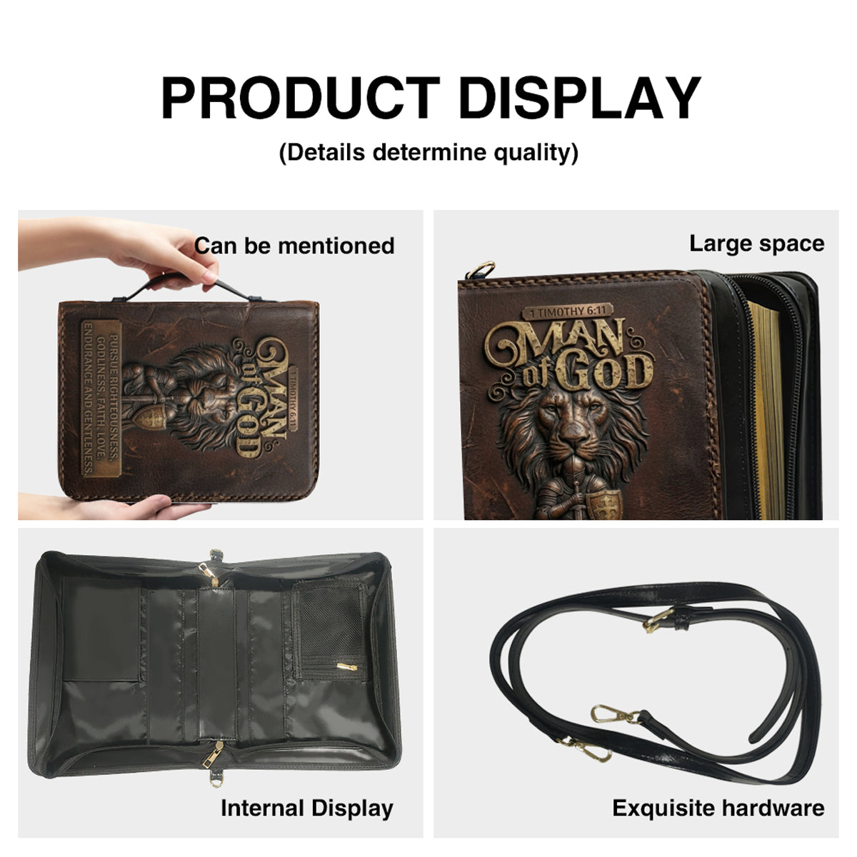 Personalized Bible Cover for Men - Man of God 1 Timothy 6:11 Lion Warrior Custom Leather Carrying Case with Handle & Strap - CHRISTIANARTBAG
