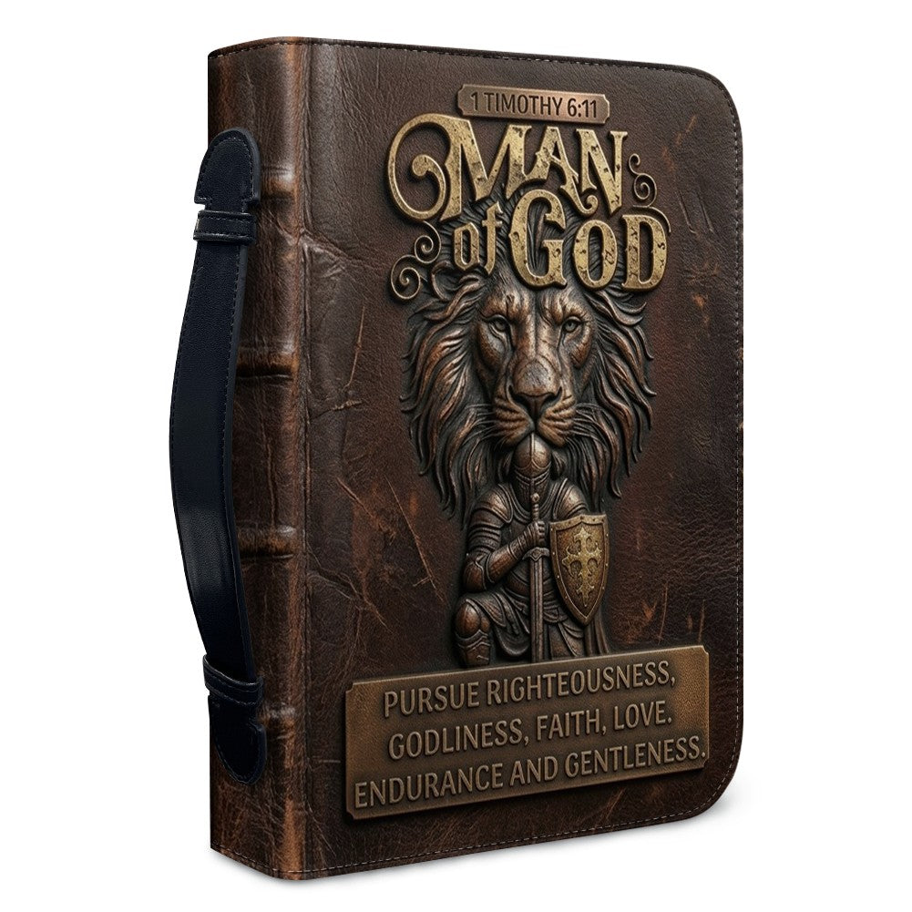 Personalized Bible Cover for Men - Man of God 1 Timothy 6:11 Lion Warrior Custom Leather Carrying Case with Handle & Strap - CHRISTIANARTBAG
