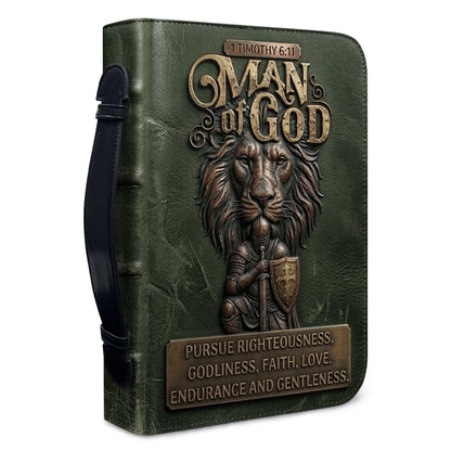 Personalized Bible Cover for Men - Man of God 1 Timothy 6:11 Lion Warrior Custom Leather Carrying Case with Handle & Strap - CHRISTIANARTBAG