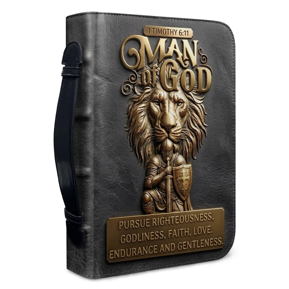 Personalized Bible Cover for Men - Man of God 1 Timothy 6:11 Lion Warrior Custom Leather Carrying Case with Handle & Strap - CHRISTIANARTBAG