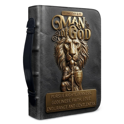 Personalized Bible Cover for Men - Man of God 1 Timothy 6:11 Lion Warrior Custom Leather Carrying Case with Handle & Strap - CHRISTIANARTBAG