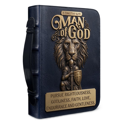 Personalized Bible Cover for Men - Man of God 1 Timothy 6:11 Lion Warrior Custom Leather Carrying Case with Handle & Strap - CHRISTIANARTBAG