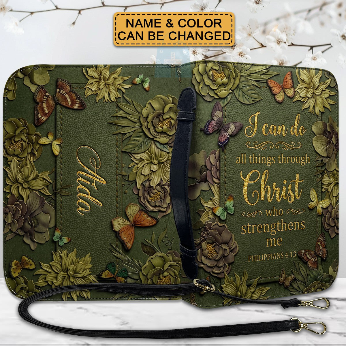 CHRISTIANARTBAG Personalized Leather Handbag - Custom Name & Color Floral Christian Bible Cover Crossbody Purse with Philippians 4:13 Scripture CAB01092526