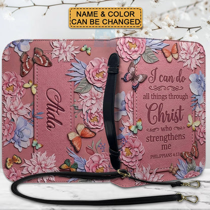 CHRISTIANARTBAG Personalized Leather Handbag - Custom Name & Color Floral Christian Bible Cover Crossbody Purse with Philippians 4:13 Scripture CAB01092526