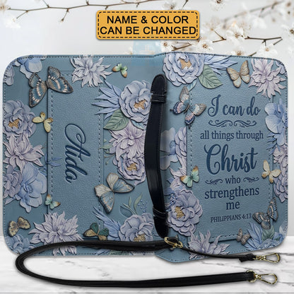 CHRISTIANARTBAG Personalized Leather Handbag - Custom Name & Color Floral Christian Bible Cover Crossbody Purse with Philippians 4:13 Scripture CAB01092526