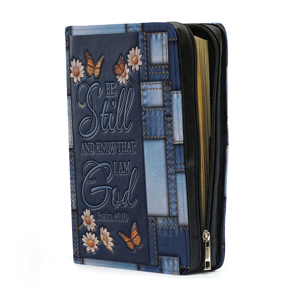Christianart Bible Cover - Be Still And Know That I Am God Butterfly Denim Style Psalm 46 10 - Personalized Bible Cover - CABBBCV19060324.