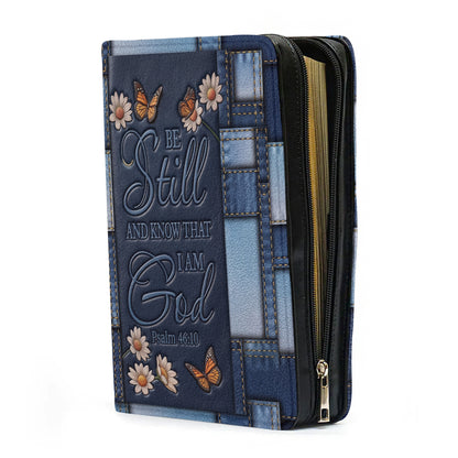 Christianart Bible Cover - Be Still And Know That I Am God Butterfly Denim Style Psalm 46 10 - Personalized Bible Cover - CABBBCV19060324.