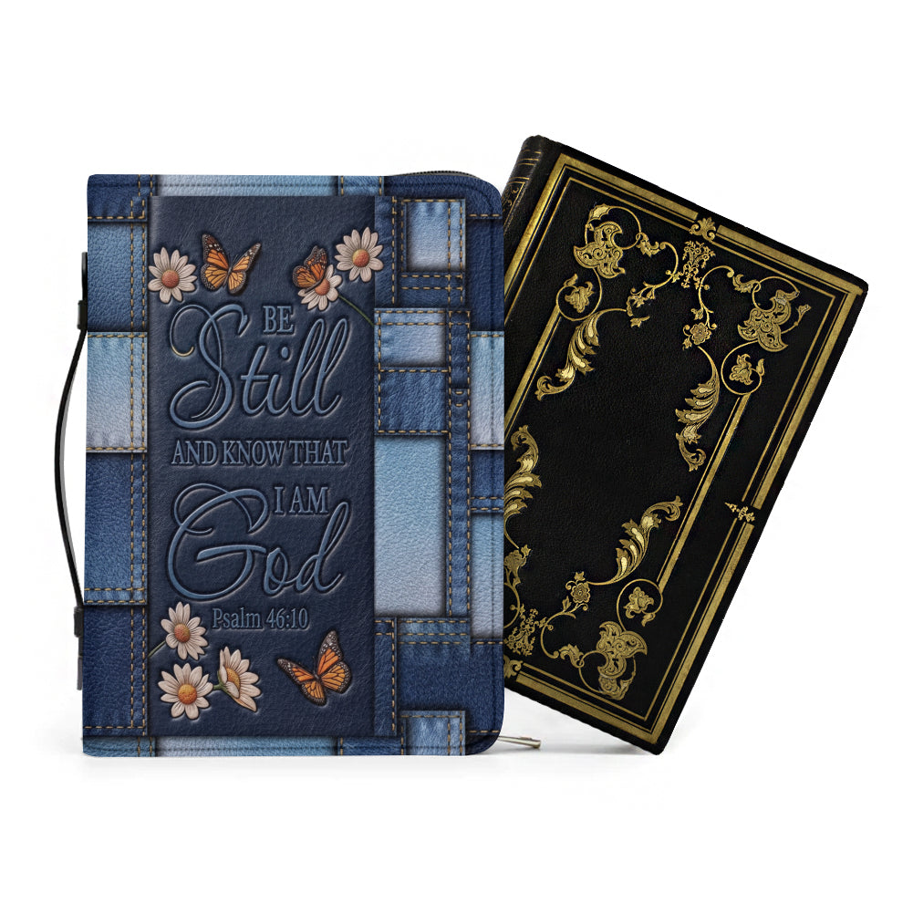 Christianart Bible Cover - Be Still And Know That I Am God Butterfly Denim Style Psalm 46 10 - Personalized Bible Cover - CABBBCV19060324.