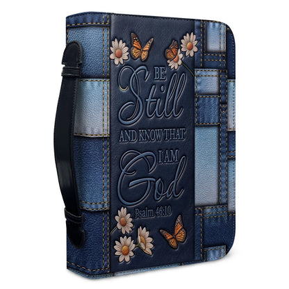 Personalized Bible Cover for Women with Name - Be Still Psalm 46:10 Patchwork Denim Leather Bible Case with Handle & Zipper - Christian Gift by CHRISTIANARTBAG