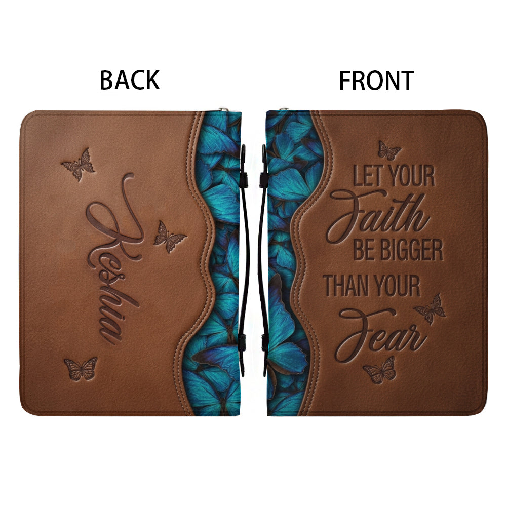 Personalized Leather Bible Cover with Handle - "Let Your Faith Be Bigger Than Your Fear" Blue Butterfly Christian Gifts for Women - CHRISTIANARTBAG