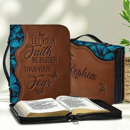 "Faith Over Fear" Embossed Leather Bible Cover with Blue Butterfly Motif - CHRISTIANARTBAG