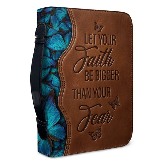 "Faith Over Fear" Embossed Leather Bible Cover with Blue Butterfly Motif - CHRISTIANARTBAG