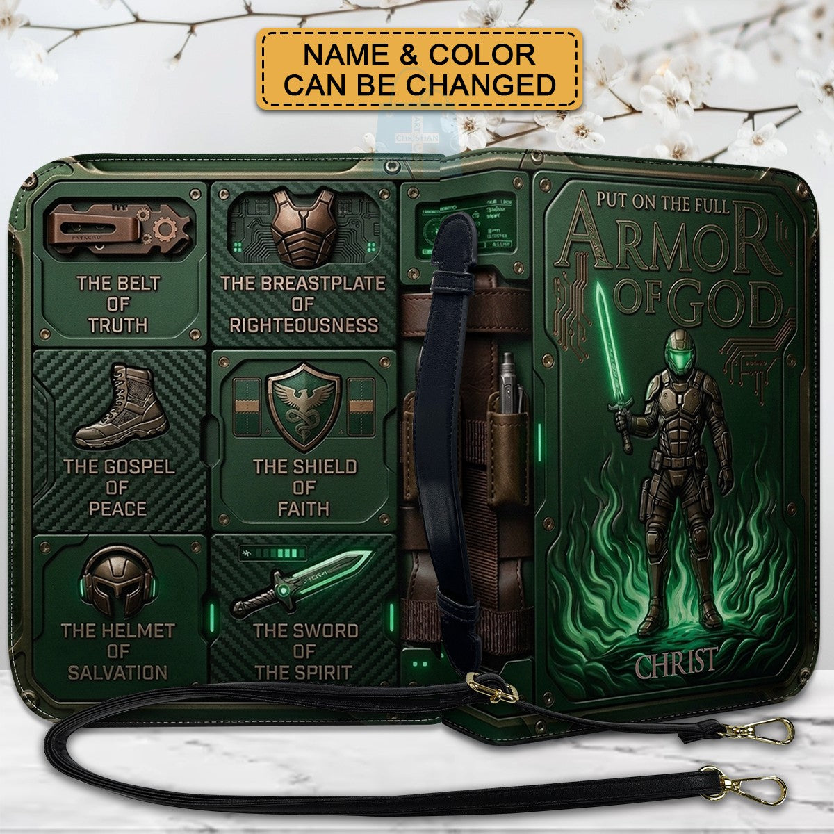 Personalized Bible Cover Armor of God | Custom Name Leather Bible Case with Handle | Christian Gift for Men Women | CHRISTIANARTBAG BLACK02060926